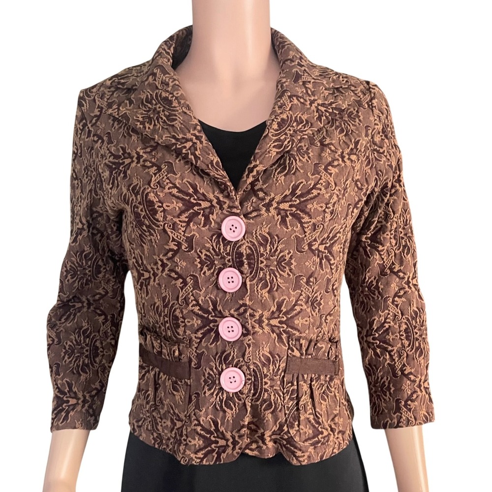 Vintage Brocade Brown Blazer Jacket M Pink Buttons‎ Coquette Gallery Chic Artsy